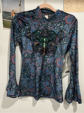 NWT We The Free Paisley Sequin Mock-Neck Long Sleeve Top - Black, Green & Blue
